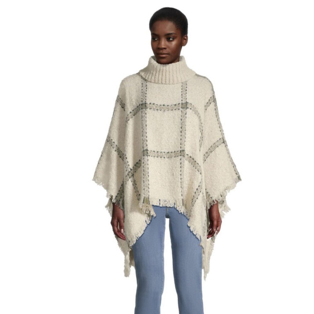 Cost Plus World Market Cream and Gray Turtleneck Poncho